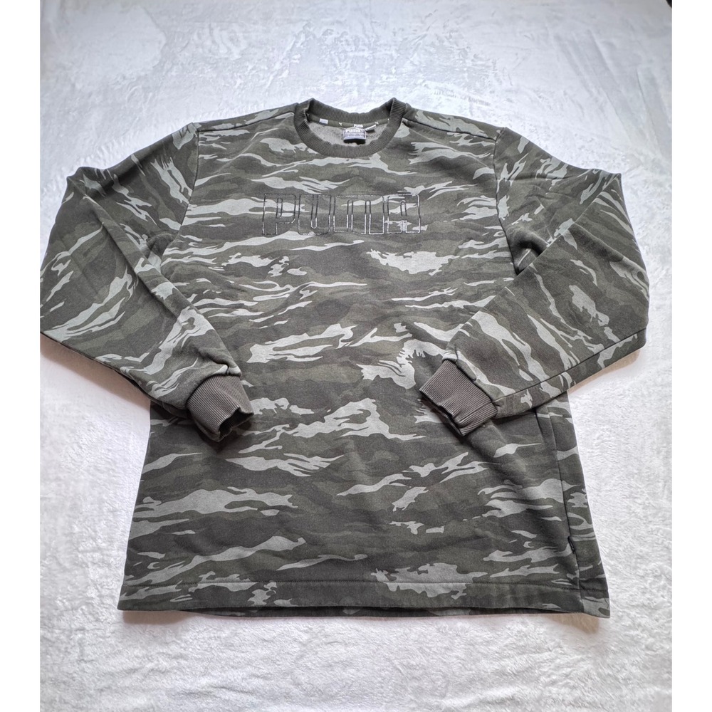 Puma Mens Large Green Tiger Camo Fleece Crewneck Sweatshirt Graphic Logo